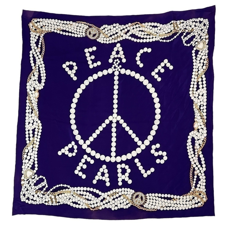 Moschino Silk Scarf Peace Sign Pearl Print Purple Vintage Designer Square